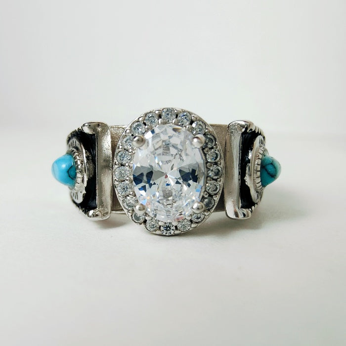 Women Turquoise Feather Horseshoe Oval Engagement Rings with Diamond Halo