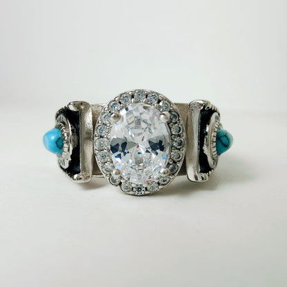 Women Turquoise Feather Horseshoe Oval Engagement Rings with Diamond Halo