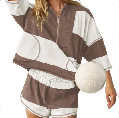 2025 spring and summer new women's striped half-sleeve oversized lining shorts casual sportswear two-piece suit