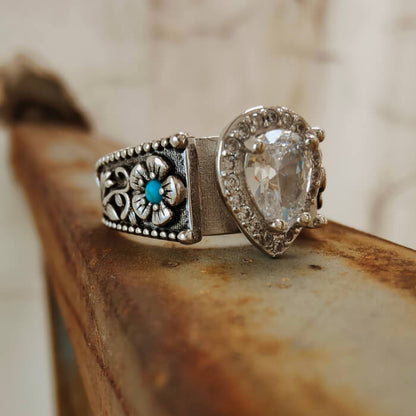 Western Plant Engraved Round Turquoise Pear Diamond Rings