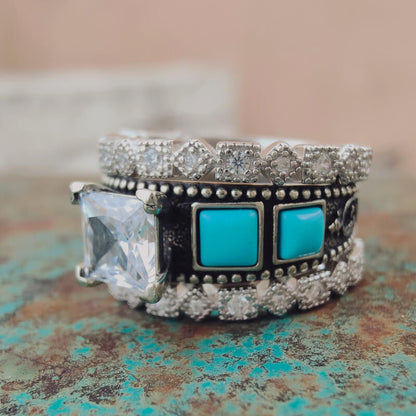 Square Engraved Vintage Turquoise Diamond Ring