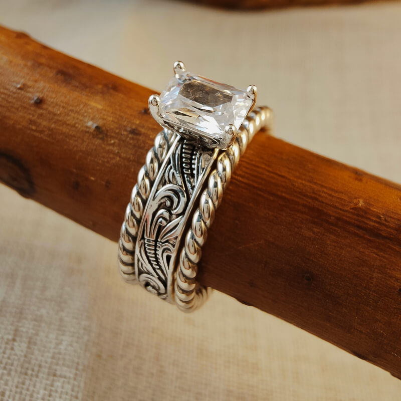 3pc Silver Twist Band Emerald Diamond Western Wedding Ring Set