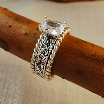 3pc Silver Twist Band Emerald Diamond Western Wedding Ring Set