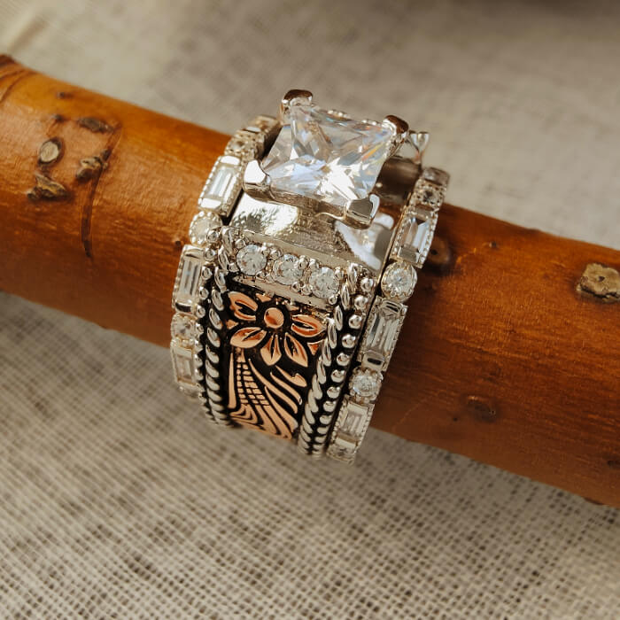 3pc Sterling Silver Vintage Flower Square Diamond Western Promise Rings