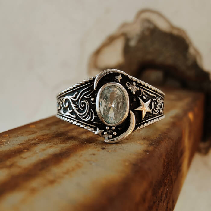 Women Moon Star Oval Cut Rustic Western Wedding Rings