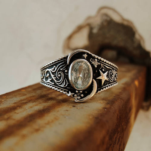 Women Moon Star Oval Cut Rustic Western Wedding Rings