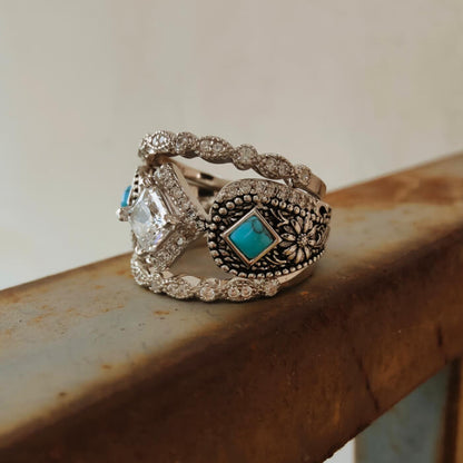 3pc Princess Cut Diamond Western Turquoise Wedding Ring with Slide Flower