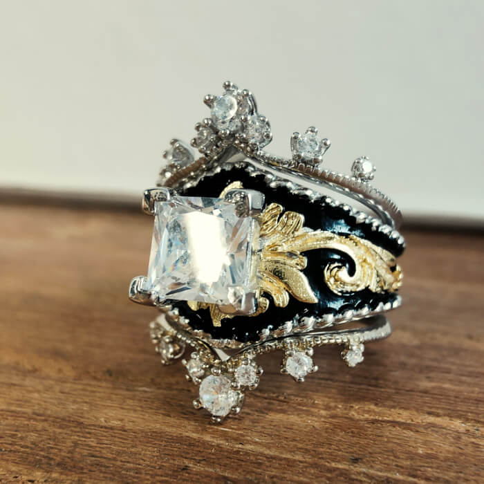 Princess Cut Vintage Engagement Ring – Gothic Crown Gold and Silver Band