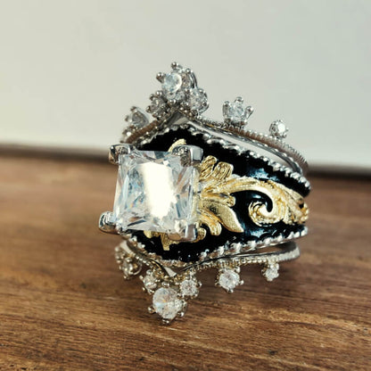 Princess Cut Vintage Engagement Ring – Gothic Crown Gold and Silver Band