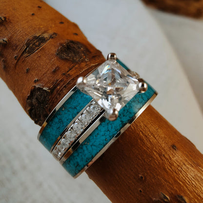 3pc Sterling Silver Square Moissanite Turquoise Engagement Ring Set
