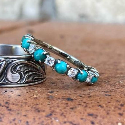 Silver Round Turquoise Diamond Band Ring
