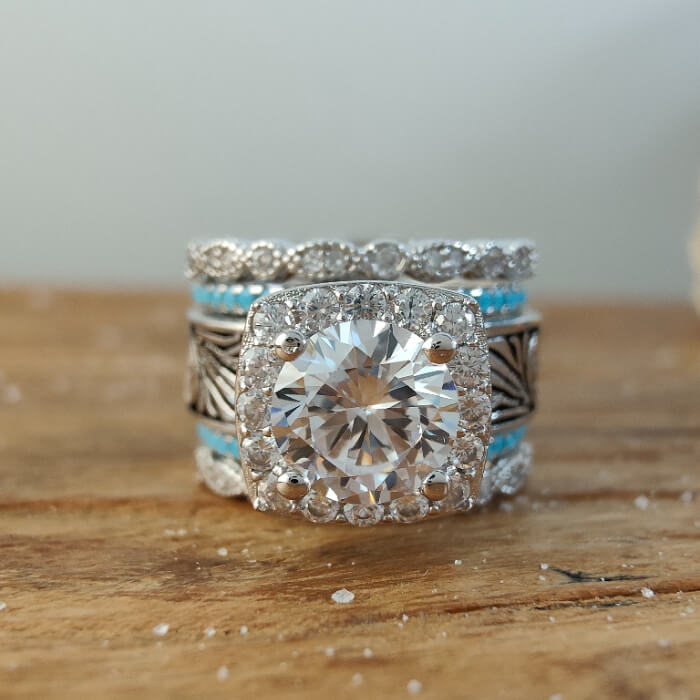 5pc Round Cut Diamond Vintage Turquoise Rings