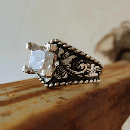 Women Rope Edge Flower Princess Cut Western Style Wedding Rings