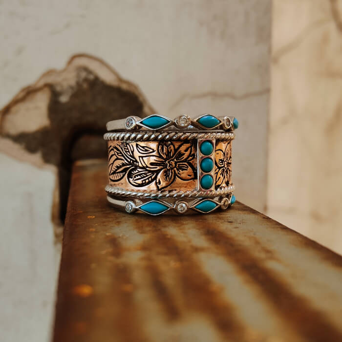 3pc Rhombus Turquoise Band Rose Gold Western Wedding Bands for Her