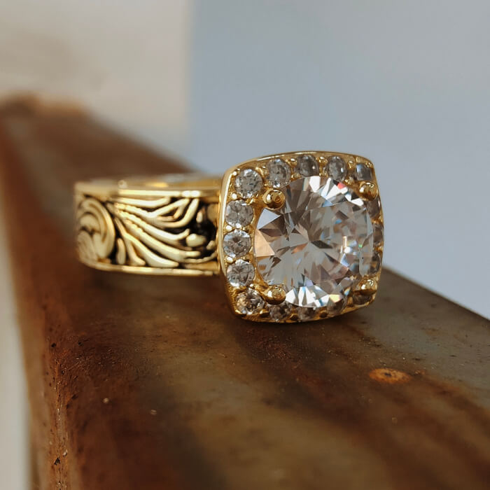 14k Gold Engraved Rustic Western Wedding Rings