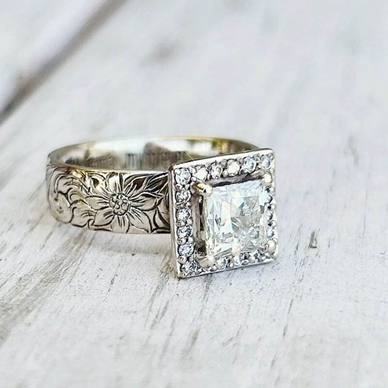 Western Square Engraved Flower Women Engagement Ring with Diamond Halo