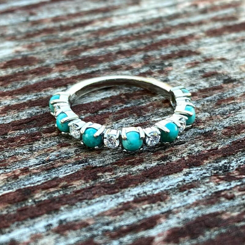 Silver Round Turquoise Diamond Band Ring