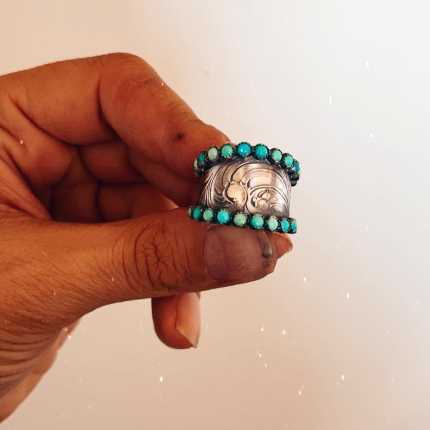 Engraved Wide Band Western Turquoise Ring For Women