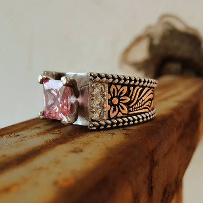 Women Rope Edge Flower Pink Princess Cut Western Style Wedding Rings