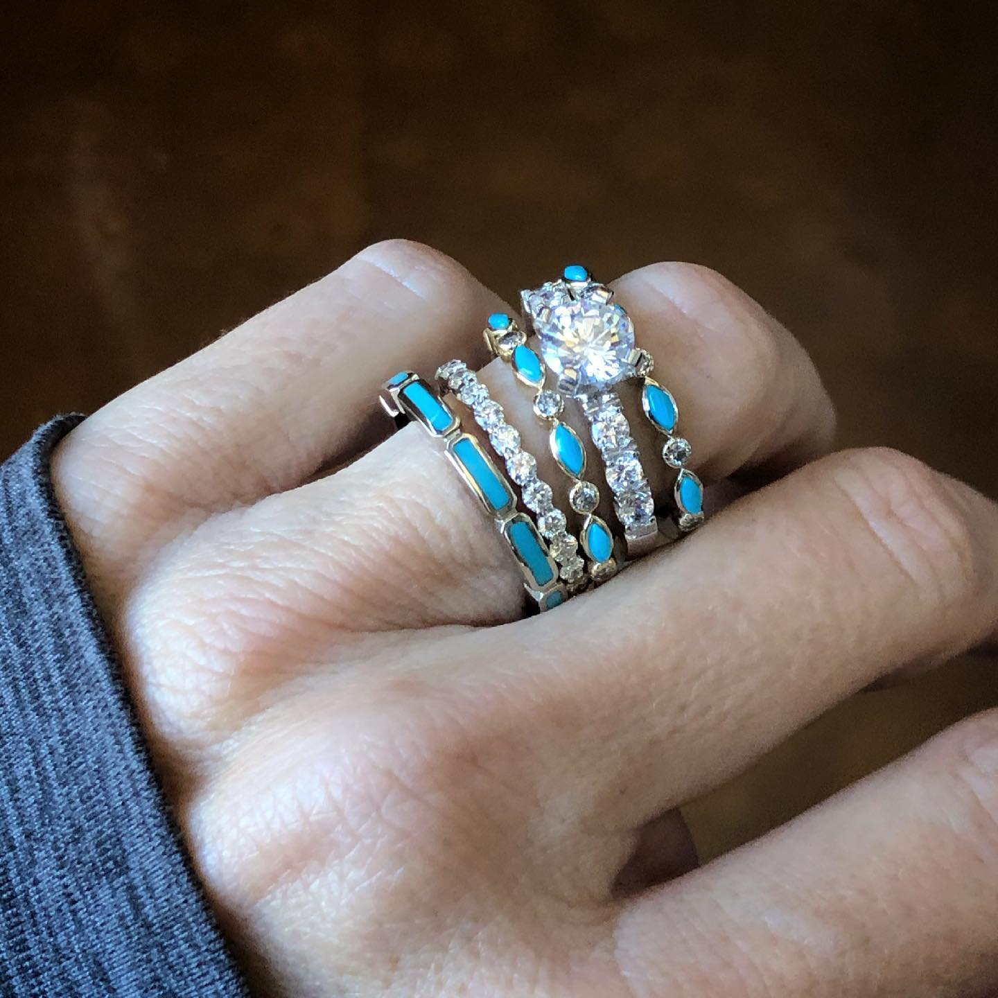 4pc Sterling Silver Band Vintage Turquoise Engagement Ring Sets