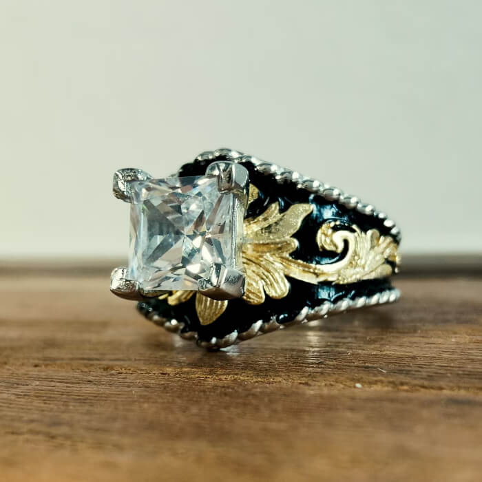 Vintage Square Cut Western Ring – Gold Leaf Engraved Black Enamel Statement Ring