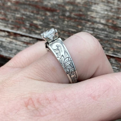 Women Flower Engraved Square Diamond Western Engagement Ring