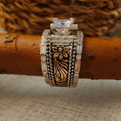 3pc Sterling Silver Vintage Flower Square Diamond Western Promise Rings