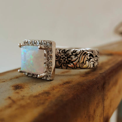 Western Flower Engraved Square White Opal Diamond Engagement Rings