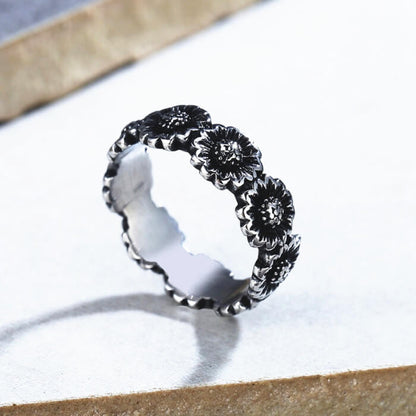 Women Flower Steel Western Retro Plant Band Ring