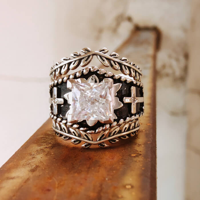 3PC Western Cross Ring Set  with Vintage Silver Bands