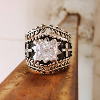 3PC Western Cross Ring Set  with Vintage Silver Bands
