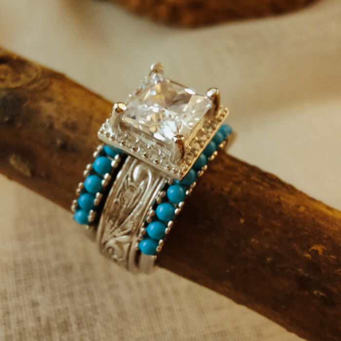3pc Retro Princess Cut Diamond Western Promise Ring with Turquoise