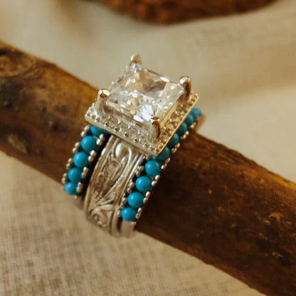 3pc Retro Princess Cut Diamond Western Promise Ring with Turquoise