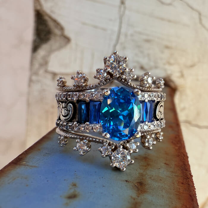 3pc Flower Oval Sapphire Engravable Country Style Wedding Rings