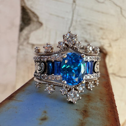 3pc Flower Oval Sapphire Engravable Country Style Wedding Rings