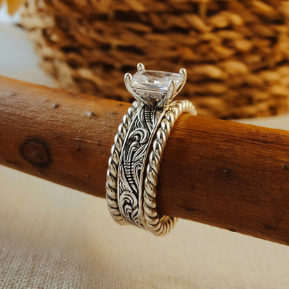 3pc Silver Twist Band Emerald Diamond Western Wedding Ring Set