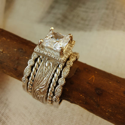 5pc Sterling Silver Women Princess Diamond Western Engraved Engagement Ring