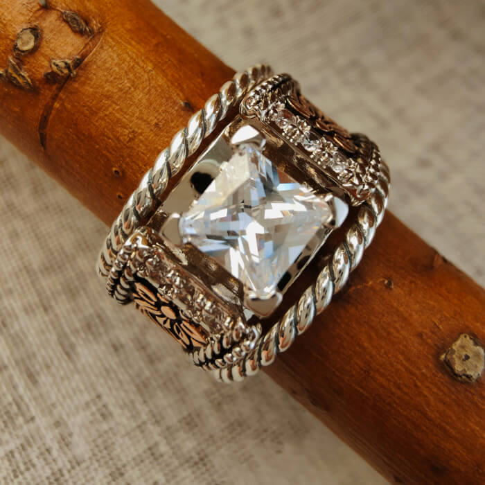 3pc Sterling Silver Twist Band Flower Western Engagement Rings