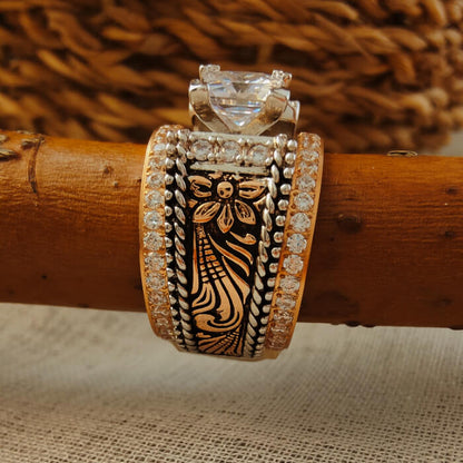 3pc Rose Gold Flower Square Diamond Western Promise Rings