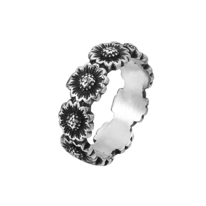 Women Flower Steel Western Retro Plant Band Ring