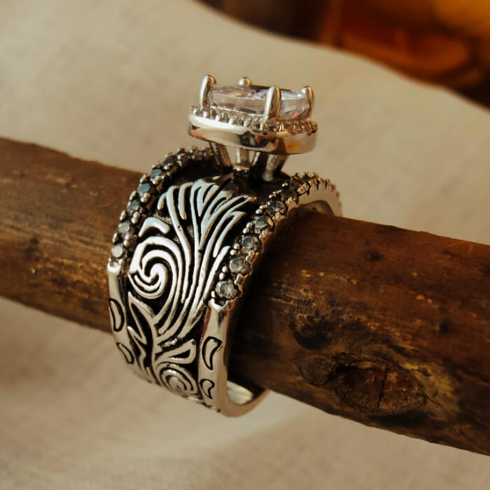 Western Symbol Cushion Brilliant Engraved Engagement Rings