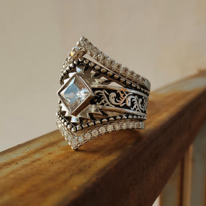 3pc Western Symbol Princess Diamond Engraved Wedding Rings