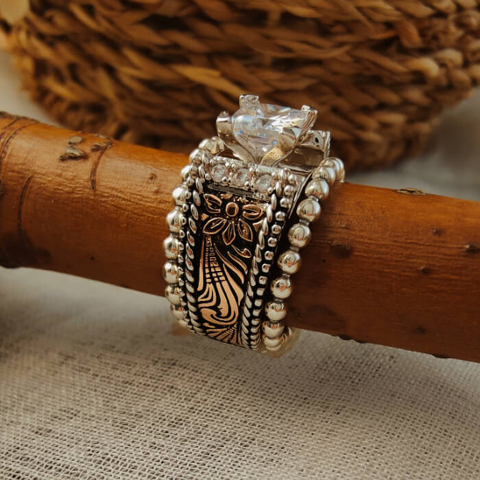 3pc Sterling Silver Retro Flower Square Moissanite Western Promise Rings