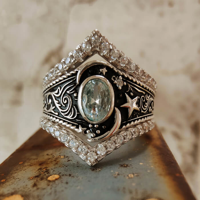 Moon and Star Ring with Oval Gemstone Celestial Jewelry