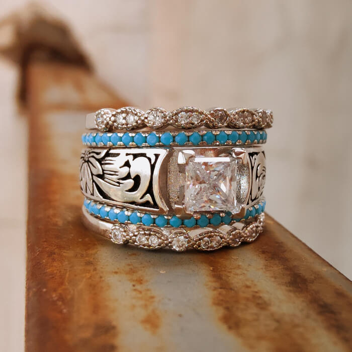 5pc Moissanite Cuff Vintage Flower Turquoise Western Wedding Rings with Diamonds