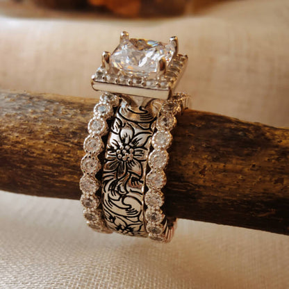 3pc Vintage Engtaved Flower Princess Diamond Western Rings