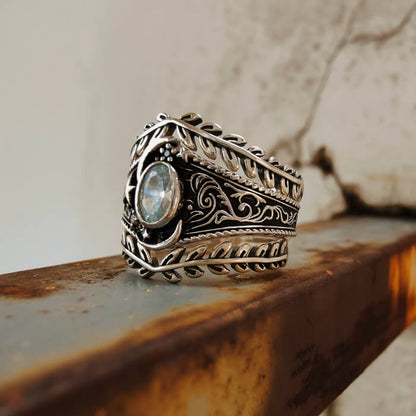 3pc Wide Moon and Star Ring – Celestial Goddess Jewelry with Oval Gemston