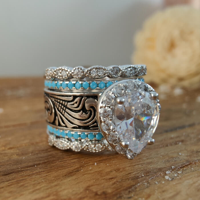 5pc Pear Cut Diamond Western Vintage Turquoise Wedding Rings