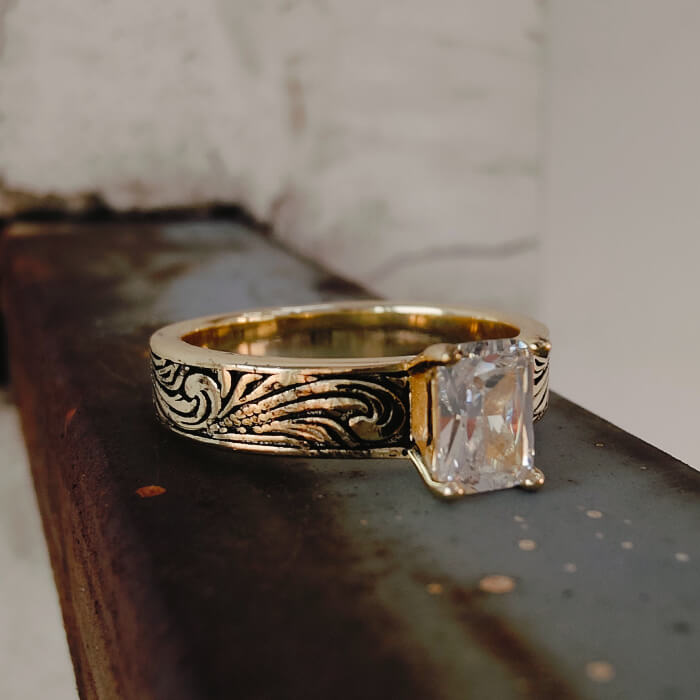 14K Gold Women Emerald Diamond Western Engagement Rings