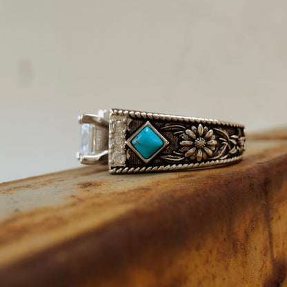 Western Diamond Sunflower Engraved Square Turquoise Engagement Rings
